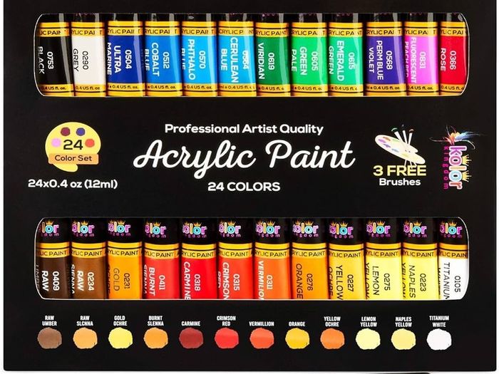 NEW SALE | Acrylic Canvas Paint Kit with 3 Kids Brushes for Crafts, Paper, Rock Painting, Wood,Ceramic & Fabric Vibrant 24 Colours