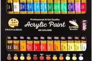 NEW SALE | Acrylic Canvas Paint Kit with 3 Kids Brushes for Crafts, Paper, Rock Painting, Wood,Ceramic &amp; Fabric Vibrant 24 Colours