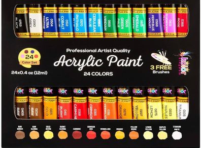 NEW SALE | Acrylic Canvas Paint Kit with 3 Kids Brushes for Crafts, Paper, Rock Painting, Wood,Ceramic & Fabric Vibrant 24 Colours