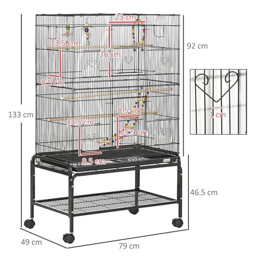Large Bird Cage Budgie Cage with Stand, Toys, Wheels, Accessories, Storage Shelf for Canaries, Finches, Lovebirds, Parakeets - Black, 79 x 49 x 133 cm
