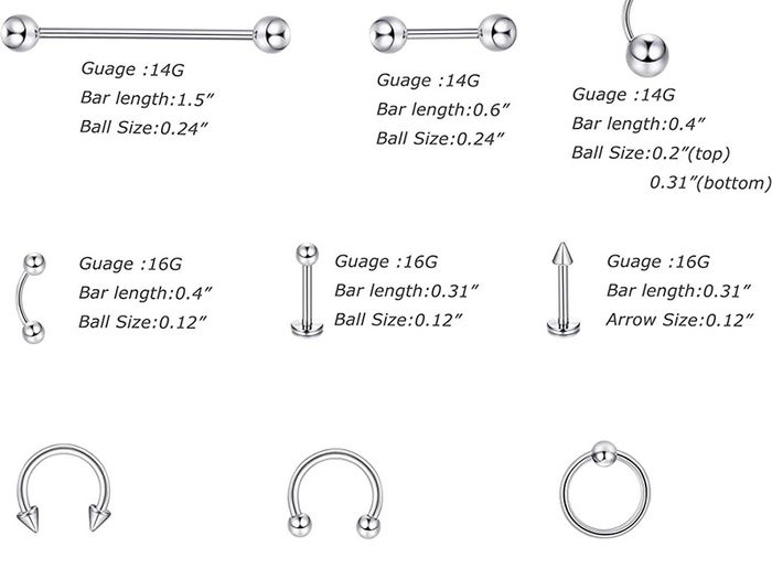 60Pcs Professional Piercing Kit 316L Stainless Steel Nose Ring Horseshoe Lip Tongue Eyebrow Rook Septum Tragus Cartilage Body Piercing Ear Navel Rings Barbells (FREE POSTAGE)