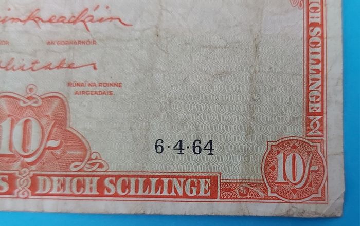 Irish 1964 Lavery ten shilling banknote in used condition