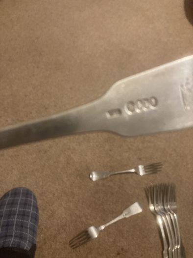 12 silver heavy forks made in Ireland around 1825 by well known Irish silversmiths.