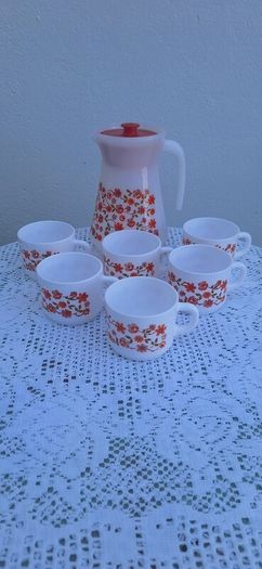 Vintage  1970s Arcopal France Milk Glass Jug and Cups Set