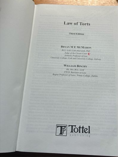 Irish Law of Torts. Third Edition. Tottel publishing