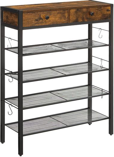 Shoe rack, shoe organizer with 2 drawers and 4 compartments, for 14 pairs of shoes, in the entrance area, living room, bedroom, vintage brown-black