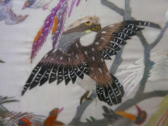 Antique Early 20c Chinese Silk Embroidery Birds Panel Framed - 23"x14"
