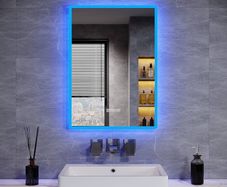 FREE SHIPPING Backlit Bluetooth Bathroom Mirrors with Shaver Socket, 500 x 700 mm Illuminated Wall Mounted Bathroom Vanity Mirror with LED Lights and Demister Pad, Blue Atmosphere Light LED Smart Mirrors
