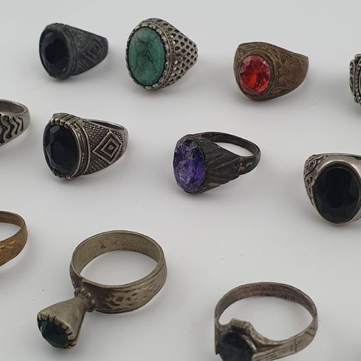 Antique Ring Lot of 15 Rustic Brass & Glass Jewellery