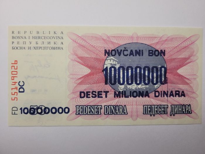 Bosnia - Herzegovina  100,000-100.000,000 Dinara, 1992-1994, 6 notes
