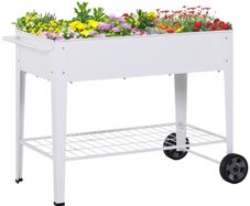 Metal Raised Garden Bed with Wheels, Garden Planter Trolley Elevated Plant Box with Storage Shelf