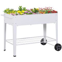 Metal Raised Garden Bed with Wheels, Garden Planter Trolley Elevated Plant Box with Storage Shelf