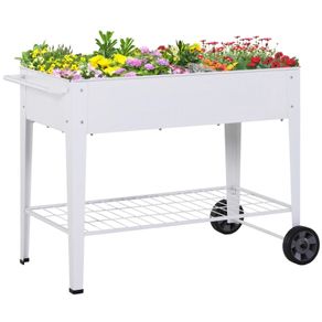 Metal Raised Garden Bed with Wheels, Garden Planter Trolley Elevated Plant Box with Storage Shelf