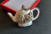 White Enamel Teapot Brooch with Rhinestones, Tea Party Kettle Pin Badge Chic Tea Lover Gift, Cottagecore Jewellery (X01)