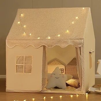 Kids Tent Playhouse with Star Lights and Tote Bags, Kids Play Tent Indoor & Outdoor, Washable Teepee Tent for Boys & Girls, Toy House for Toddler, Neutral Color Play Room Furniture (Beige-1)