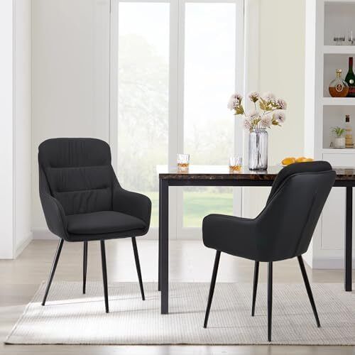 Dining Chair Set of 2 with backrests, Thick Padded Seat armchairs, Easy-Clean Faux Leather and Linen, Sturdy Metal Legs kitchen chairs for Dining and Living Room(Black)