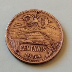 1954 Mexican 20 Centavos "Sun Pyramid" coin