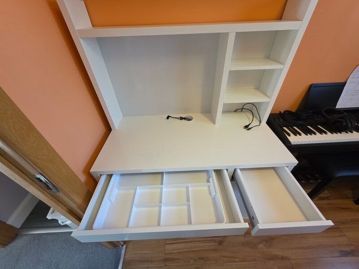 IKEA MICKE White Desk with Shelving Unit, Whiteboard & Storage - Excellent Condition