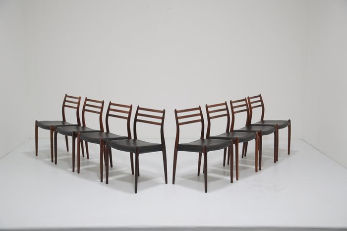Vintage Set of 8 Rosewood and Leather Dining Chairs Model 78 by Niels Otto Moller, 1960s