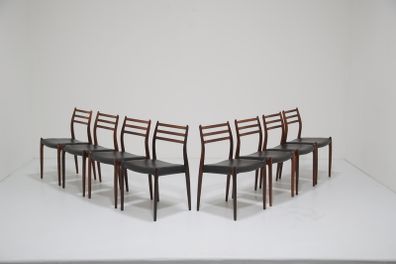 Vintage Set of 8 Rosewood and Leather Dining Chairs Model 78 by Niels Otto Moller, 1960s