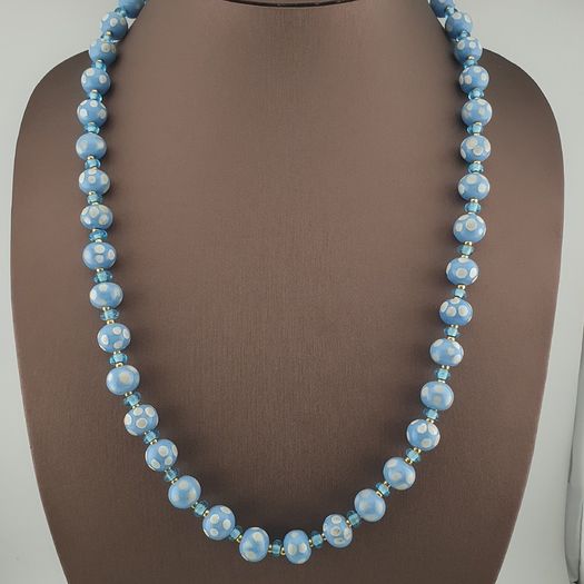 Vintage Venetian Style Light Blue White Dotted Glass Beads Necklace