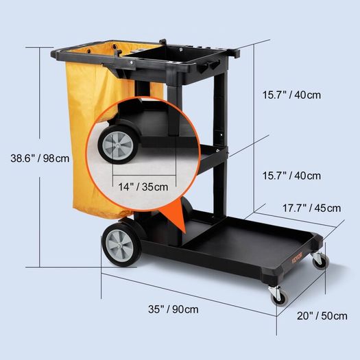 Commercial Cleaning Cart, 3-Shelf Commercial Janitorial Cart, 200 lbs Capacity Plastic Housekeeping Cart, with 25 Gallon PVC Bag, 120 x 51 x 98 cm, Yellow+Black