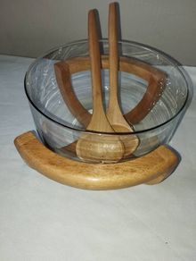 Vintage Beechwood stand, servers and Glass Salad bowl