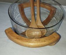 Vintage Beechwood stand, servers and Glass Salad bowl