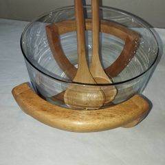 Vintage Beechwood stand, servers and Glass Salad bowl