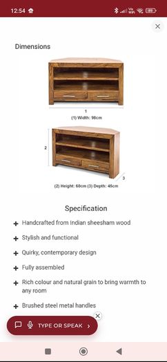 Two Drawer Sheesham Wood Corner TV Unit - India