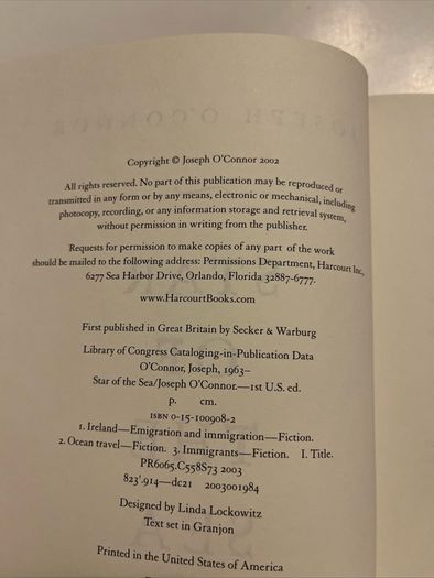 Joseph O Connor - Star of the Sea. US First Edition.