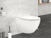 Wall-hung ceramic toilet,  long, rimless with soft-close