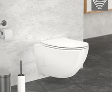 Wall-hung ceramic toilet,  long, rimless with soft-close
