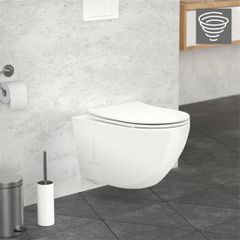 Wall-hung ceramic toilet,  long, rimless with soft-close