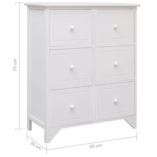 Side Cabinet with 6 Drawers White 60x30x75 cm Paulownia Wood