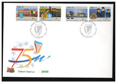 1997 Ireland 75th Anniversary of the State (32p Parliament/ Irish Flag & Soldiers/ UN Flag + 52p Four Courts & Garda) Commemorative Stamps An Post First Day Cover (FDC)