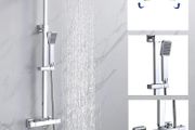 Bathroom Thermostatic Shower Mixer Set Handheld Shower and with Adjustable 8" Overhead Rainfall Shower Head Twin Head &amp; Body Chrome Plated