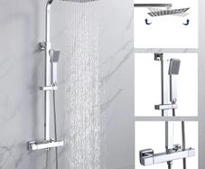 Bathroom Thermostatic Shower Mixer Set Handheld Shower and with Adjustable 8" Overhead Rainfall Shower Head Twin Head & Body Chrome Plated