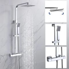 Bathroom Thermostatic Shower Mixer Set Handheld Shower and with Adjustable 8" Overhead Rainfall Shower Head Twin Head & Body Chrome Plated