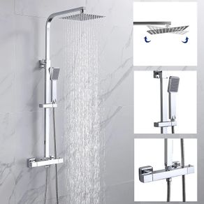 Bathroom Thermostatic Shower Mixer Set Handheld Shower and with Adjustable 8" Overhead Rainfall Shower Head Twin Head & Body Chrome Plated