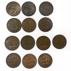 British Half Penny Coin Collection - 13 Coins