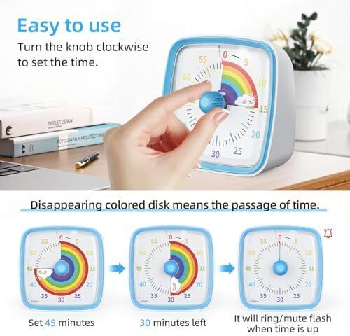 Yunbaoit Visual Timer for Kids & Adults, 60 Minute Rainbow Countdown Timer with Silent Flash Function, Time Management Tool for Classroom, Home, Kitchen, Office
