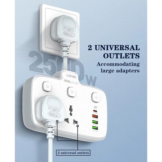 LDNIO SC2413 UK EU US Plug Power Strip With USB Port Extension Power Socket 2500 W 1 PD/QC 3.0 2 AUTO-ID Total 20W