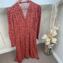 Gallery Coral & Black Abstract Print Long Sleeve Midi Shirt Dress