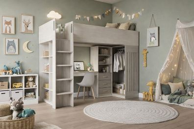 High Sleeper beds with desks and hanging clothes