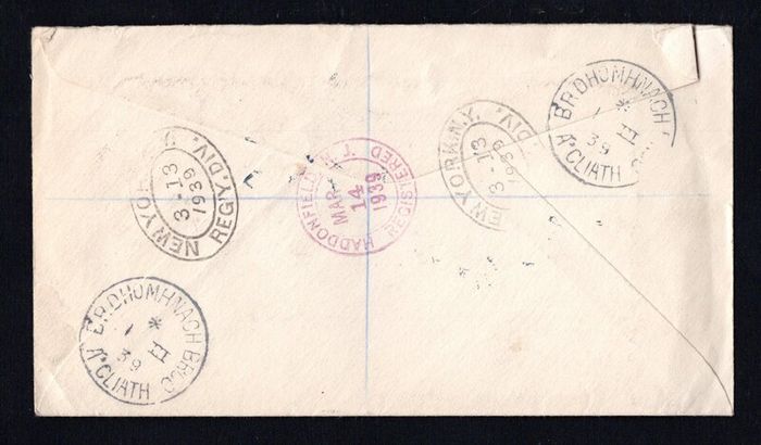 1939 Ireland US Constitutions (150th Anniversary) Commemorative Stamps First Day Cover (FDC) with Domhnach Broc (Donnybrook) Cancel and Dublin Registered label No 99. Noted multiple receiving cancel on the reverse.