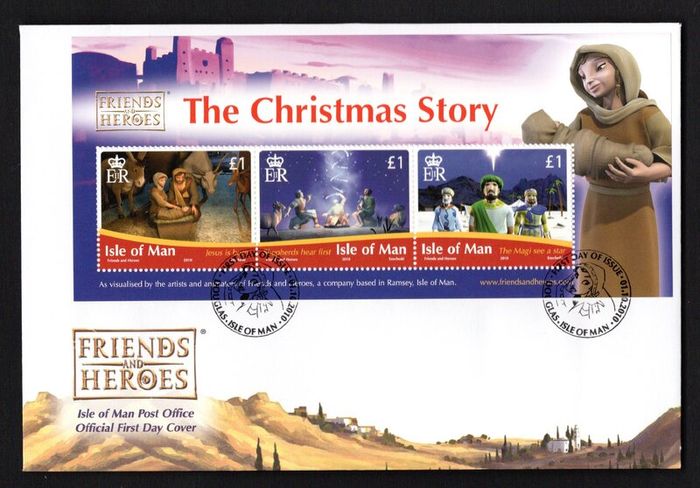 2010 Isle of Man Friends and Heroes (animated TV series). The Christmas Story Commemorative Stamps Miniature Sheet First Day Cover (FDC)