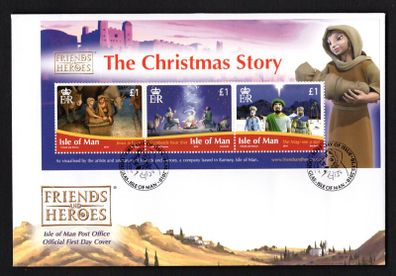 2010 Isle of Man Friends and Heroes (animated TV series). The Christmas Story Commemorative Stamps Miniature Sheet First Day Cover (FDC)