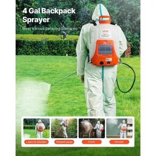 Battery Powered Backpack Sprayer 15.1 L Tank 0-90 PSI Adjustable Pressure  Features & Details No More Hand Pumping: Spraying has never been easier! VEVOR's battery-powered sprayer features a durable 8Ah lithium-ion battery, which can spray for 4-6 hou
