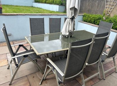 8 Seater Patio Table, Chairs and Parasol